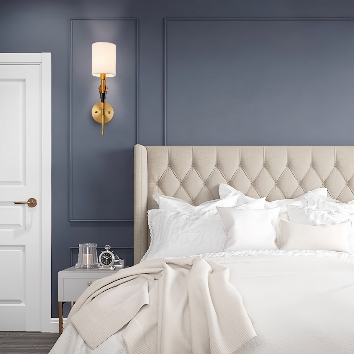 Postmodern Nordic style wall lamp with antique gold finish and cloth lampshade in bedroom setting