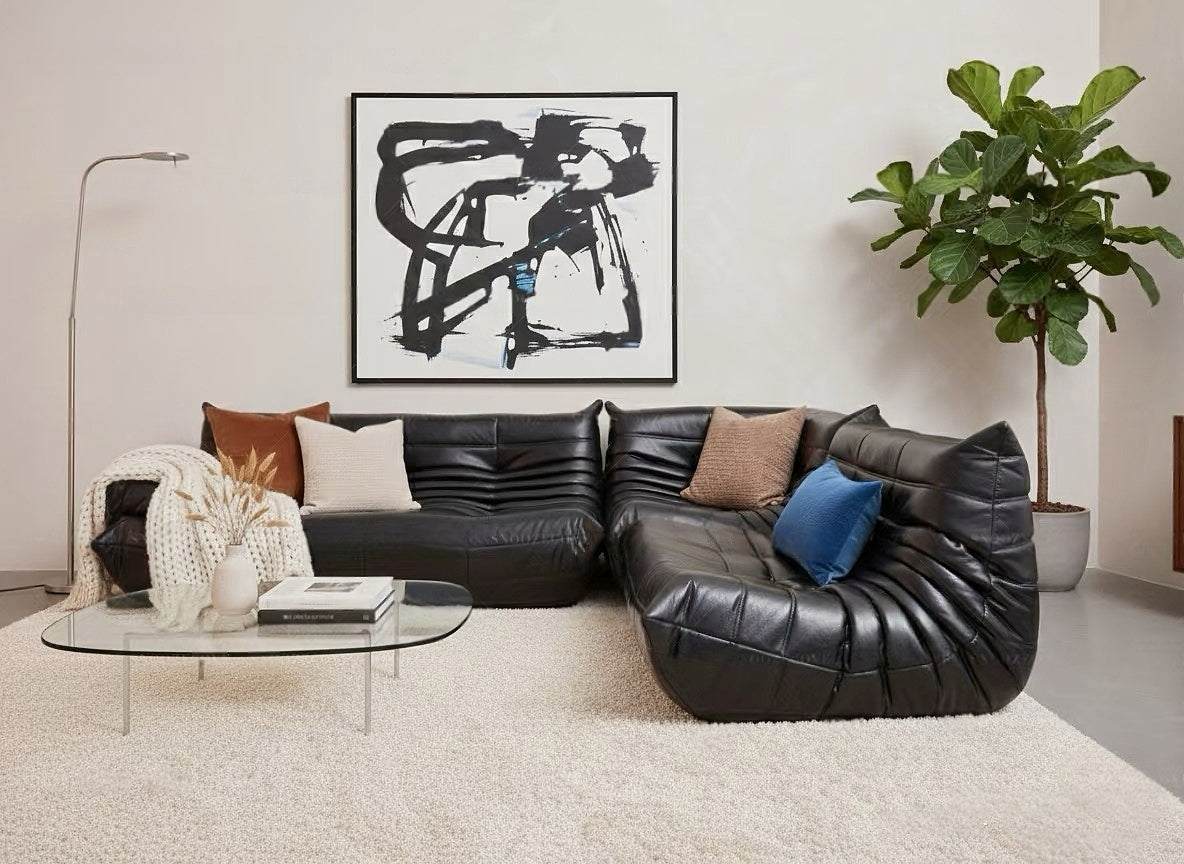 Ligne Roset Togo Sofa Set for Modern Living Room - Luxurious Oil Wax Leather in Black