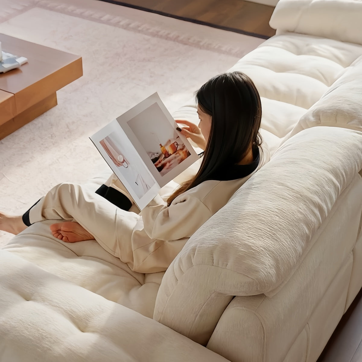 Soufflé Fabric Sofa in living room with removable washable chenille covers and plush cloud-like seating