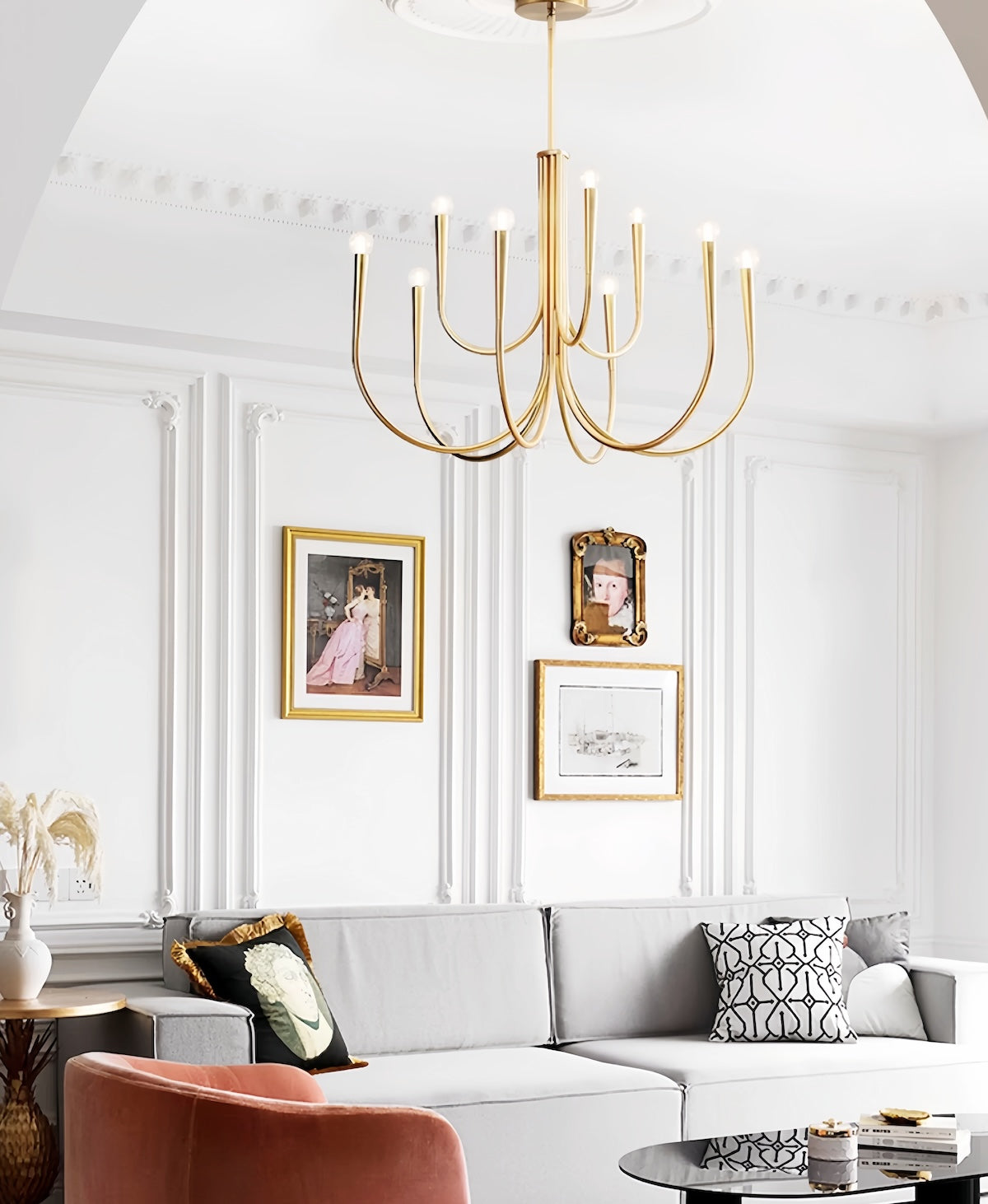 French-style gold chandelier with vintage design and LED lights for elegant interiors