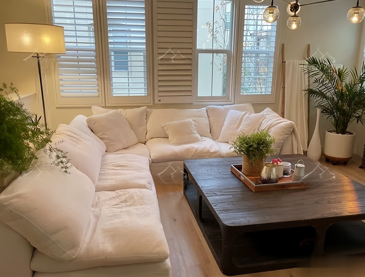 White Linen Cloud Sofa – 3-Seater Fabric Couch with Down Cushion