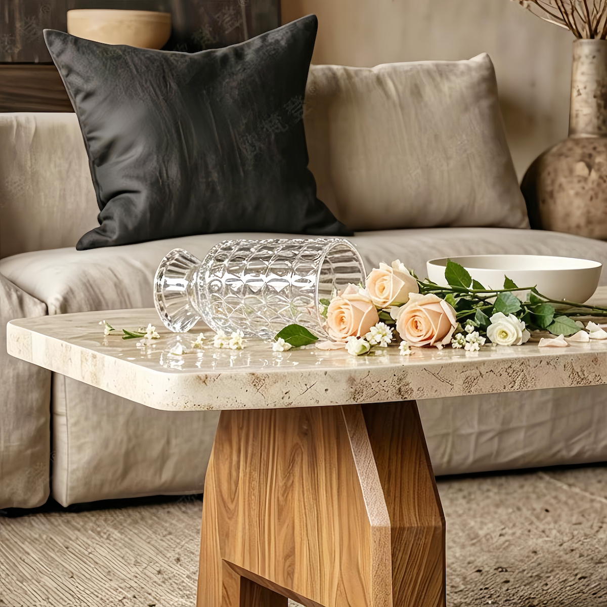 Vintage Wabi-Sabi Style Rectangular Travertine Coffee Table for Living Room