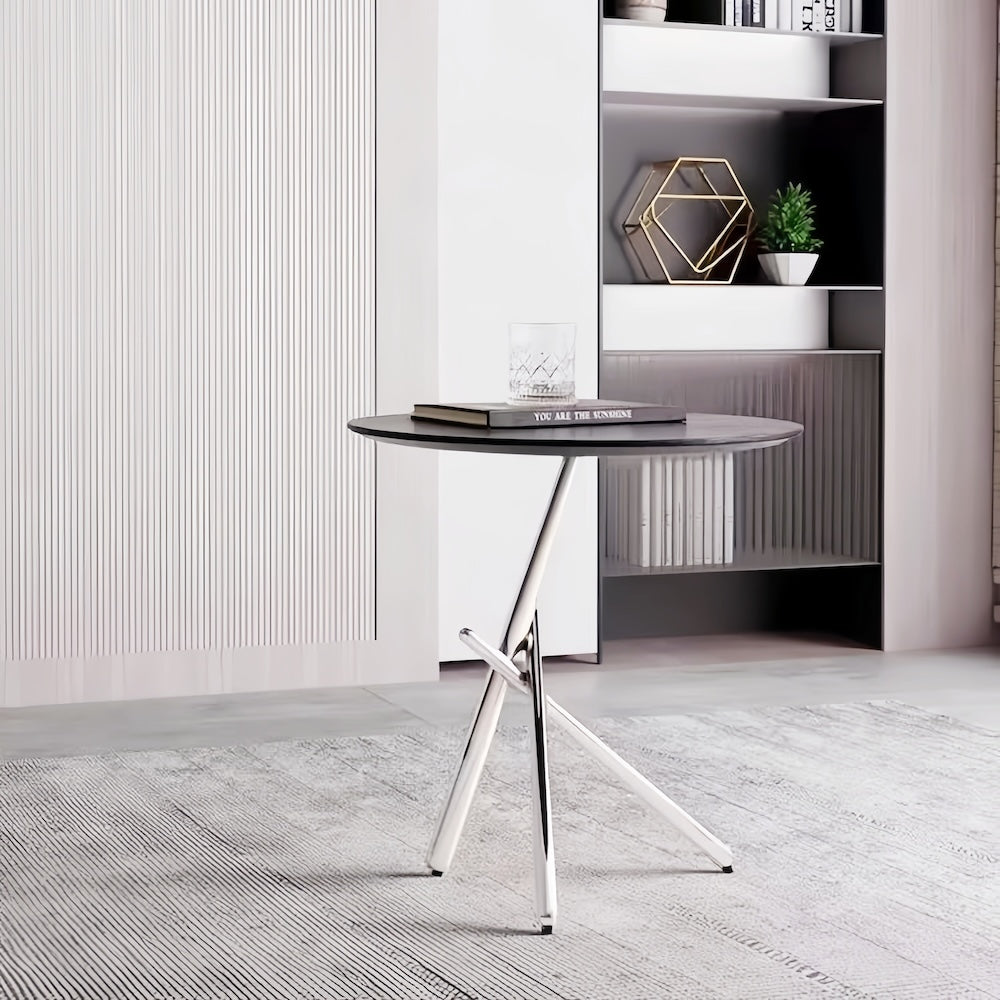 Italian minimalist sofa side table with stainless steel base and round ash wood top