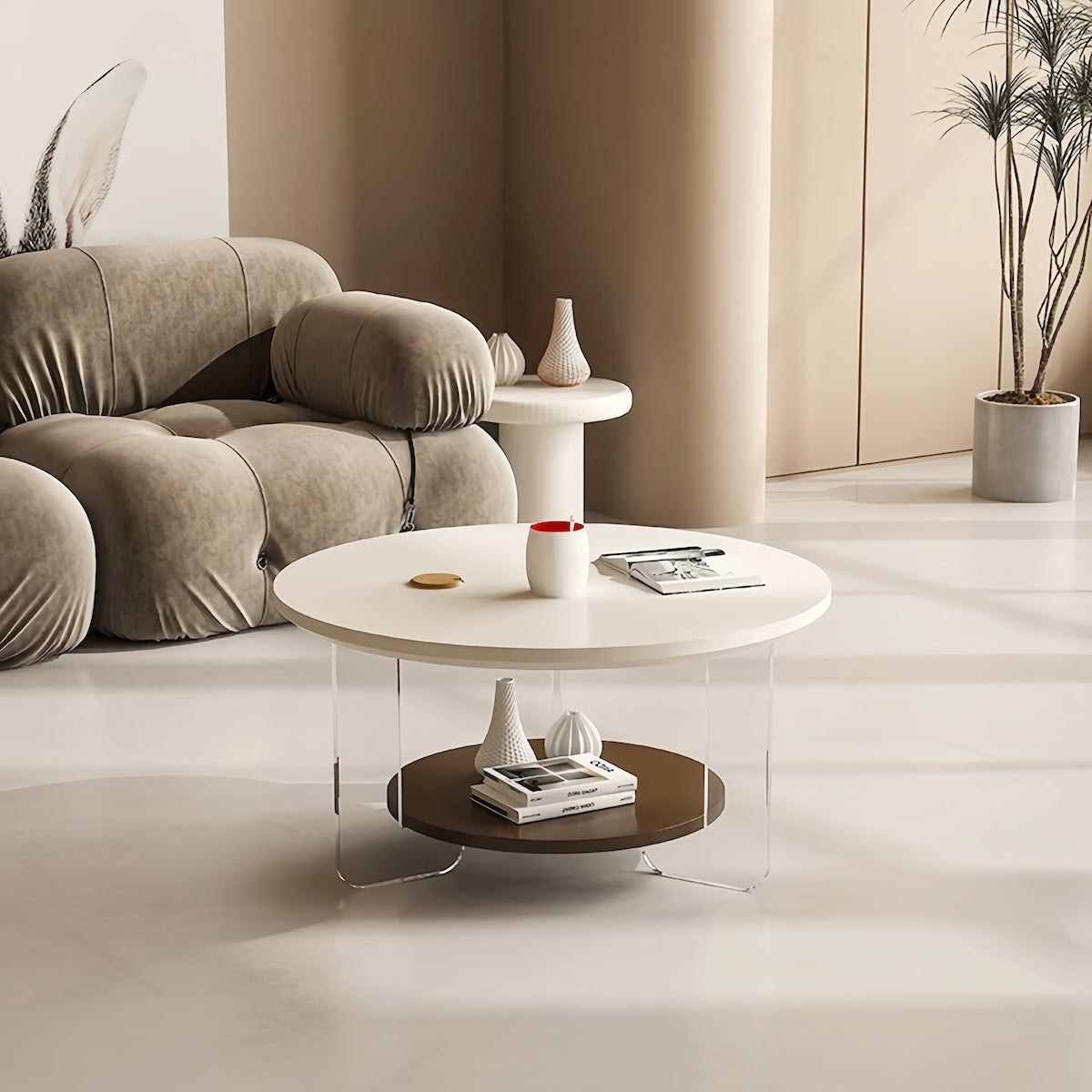 Modern Round Coffee Table | French Cream Acrylic Design | Eco-Friendly