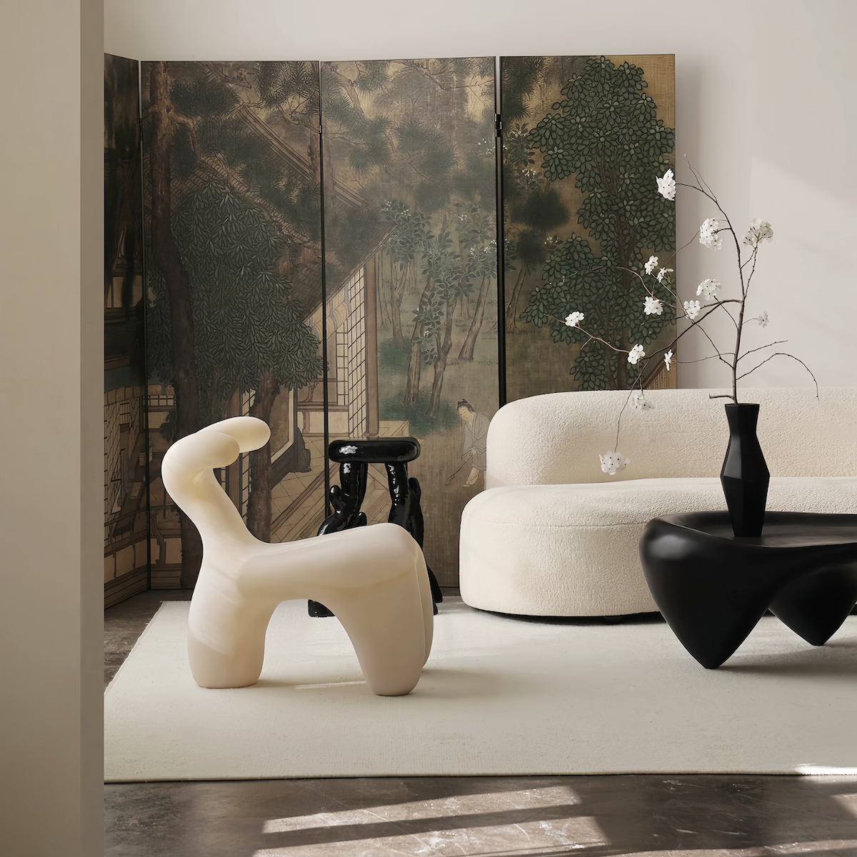 Snail-shaped coffee table in off-white translucent fiberglass with jade-like texture and organic curves, wabi-sabi style sculpture.