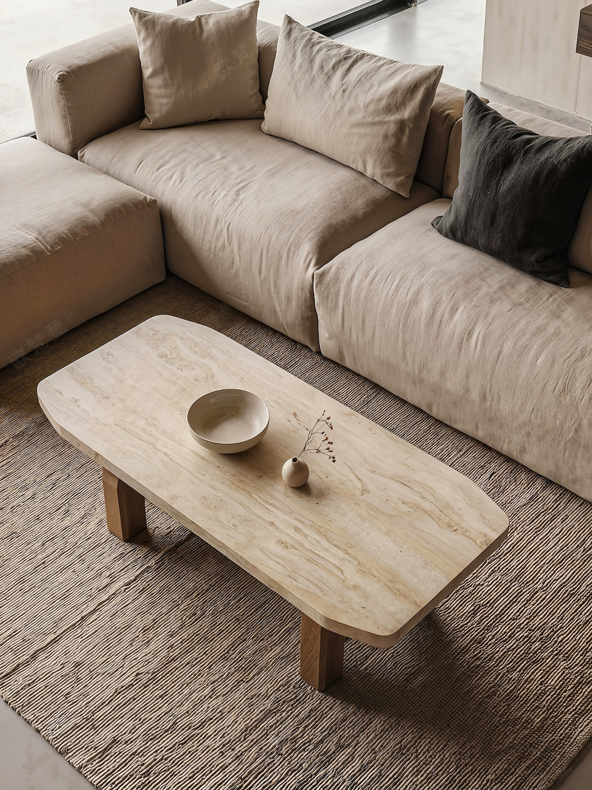 Vintage Wabi-Sabi Style Rectangular Travertine Coffee Table for Living Room