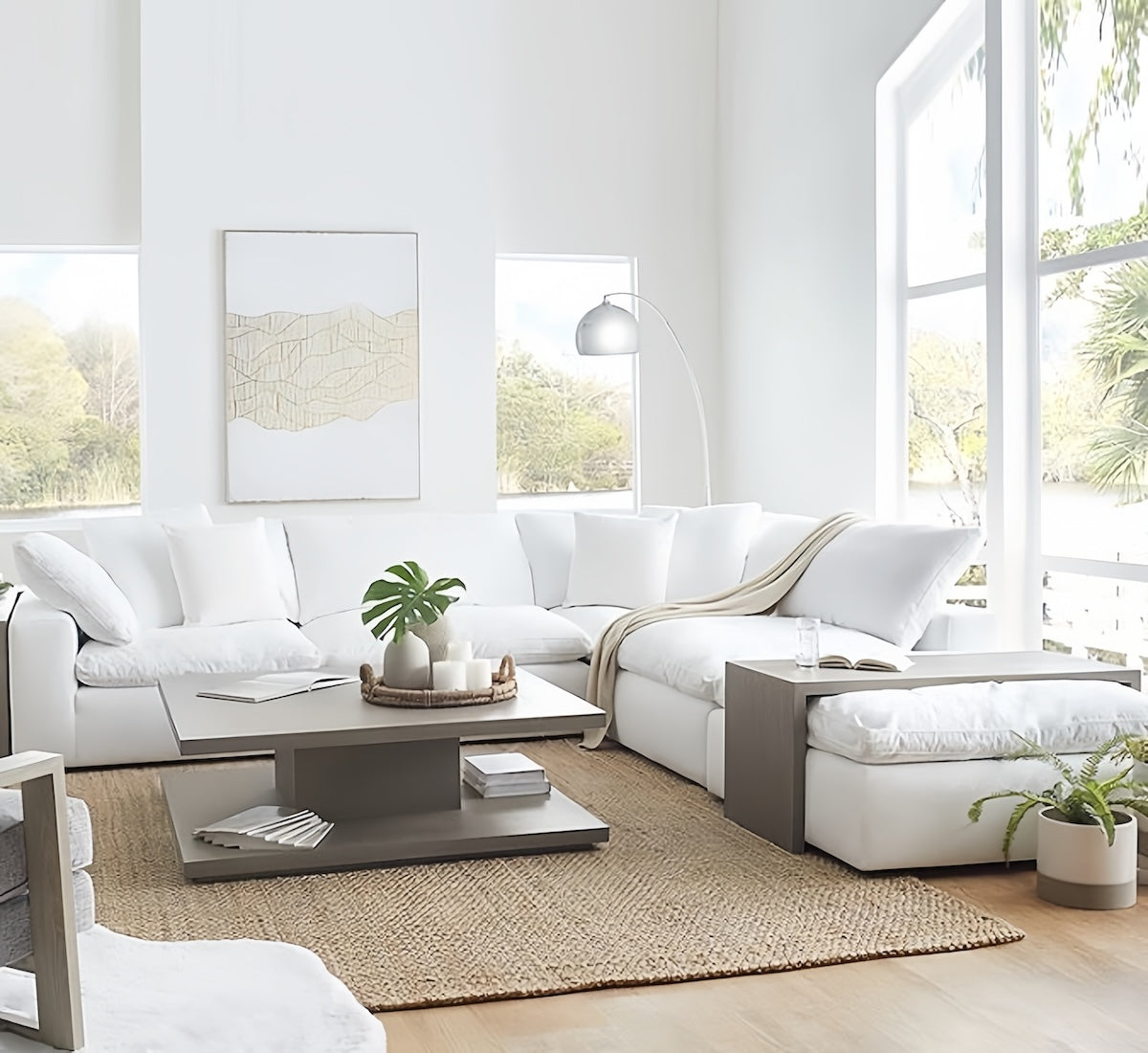White Linen Cloud Sofa – 3-Seater Fabric Couch with Down Cushion