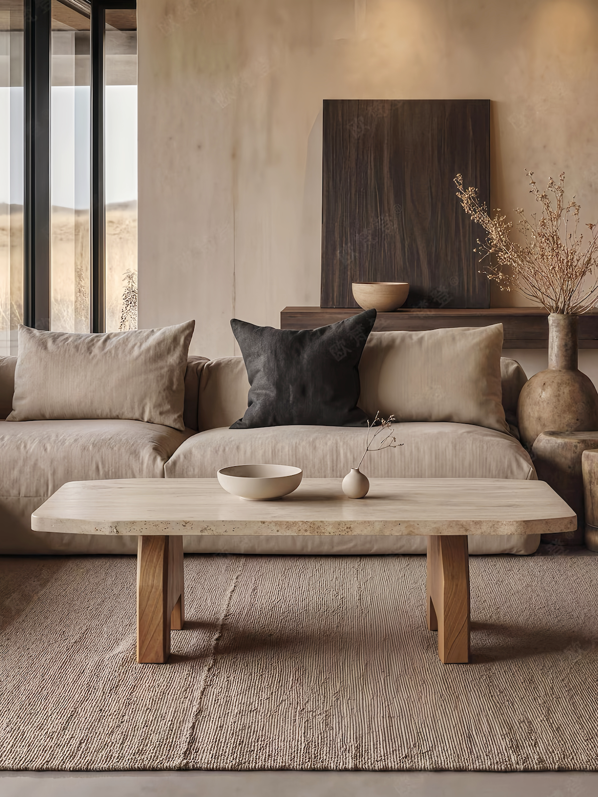 Vintage Wabi-Sabi Style Rectangular Travertine Coffee Table for Living Room
