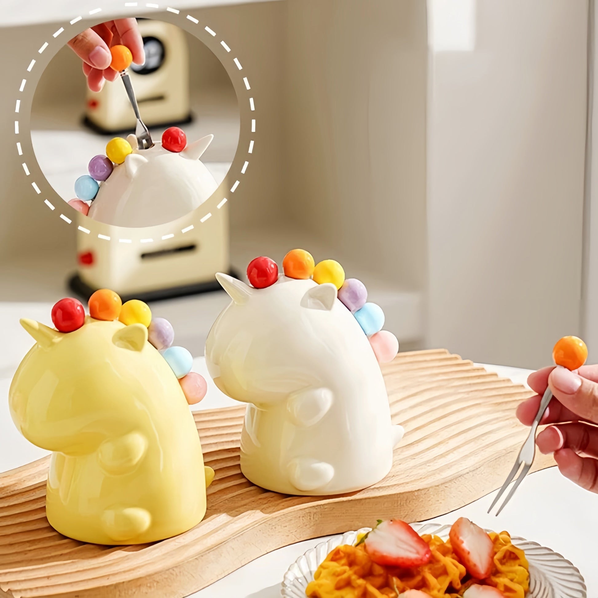 Dessert Fork - Stainless Steel Fruit Fork Set with Cute Ceramic Holder