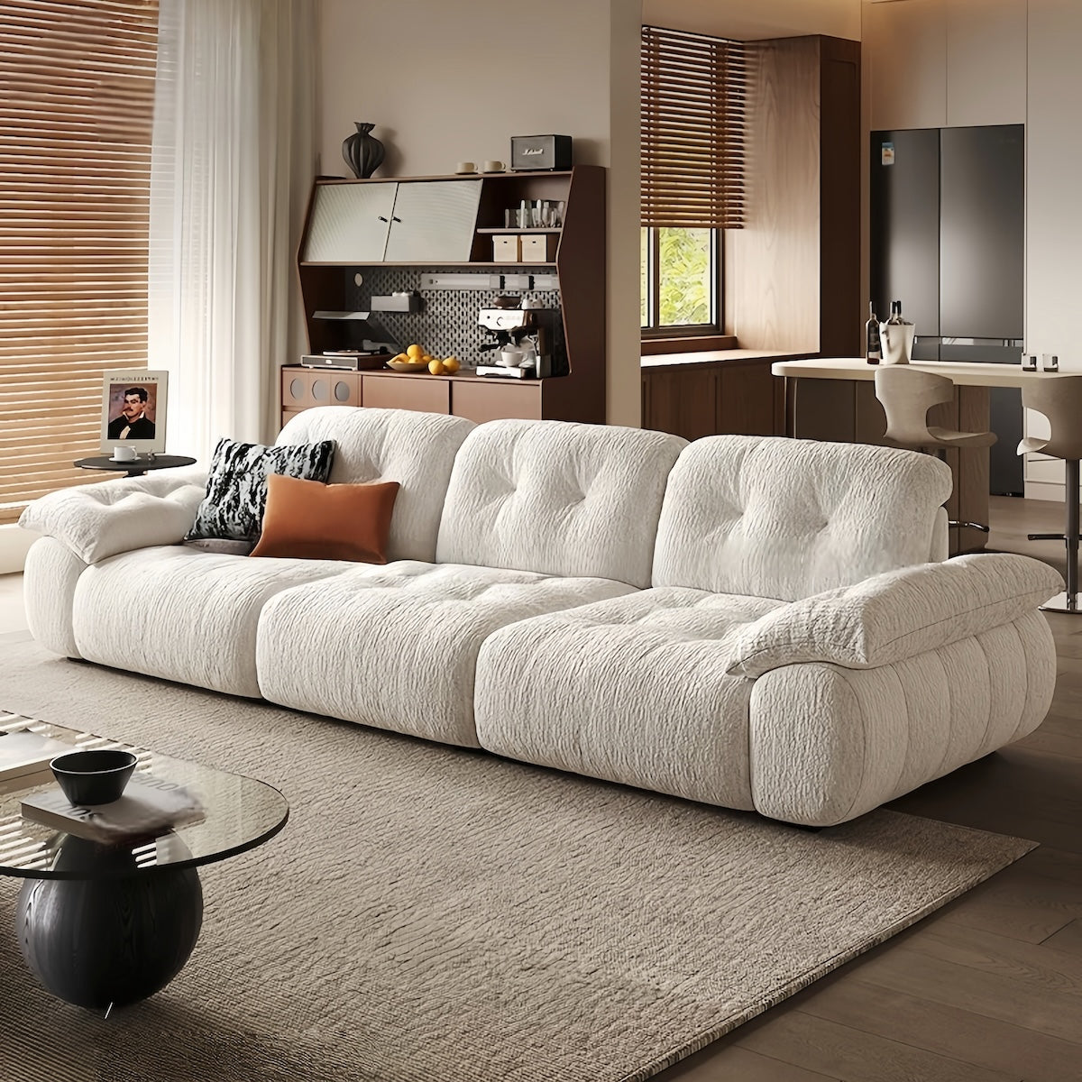 Modern Soufflé Fabric Sofa with removable washable chenille covers in stylish living room setting