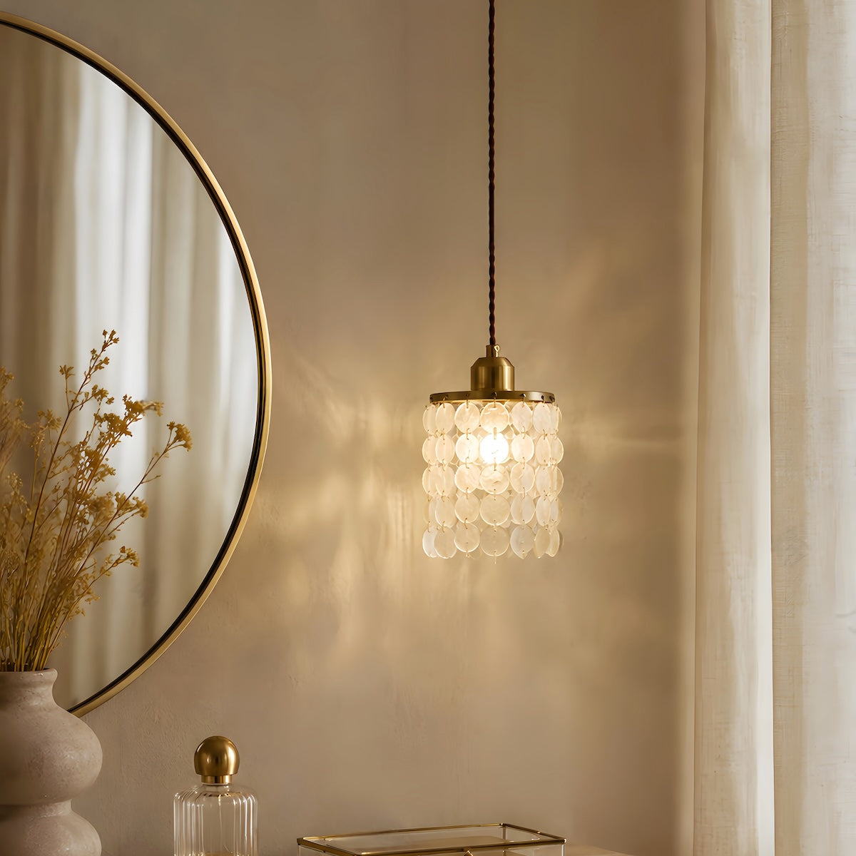 French seashell pendant light with wrought iron frame, crystal and seashell accents in vintage Nordic style