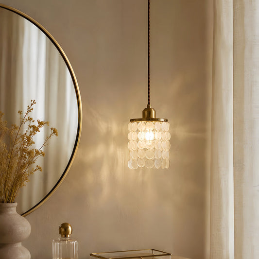 French seashell pendant light with wrought iron frame, crystal and seashell accents in vintage Nordic style