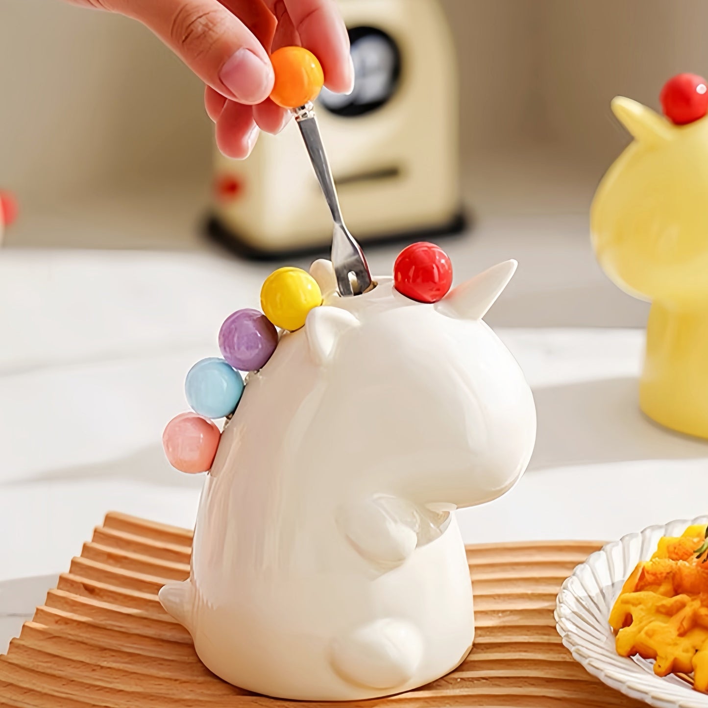 Dessert Fork - Stainless Steel Fruit Fork Set with Cute Ceramic Holder