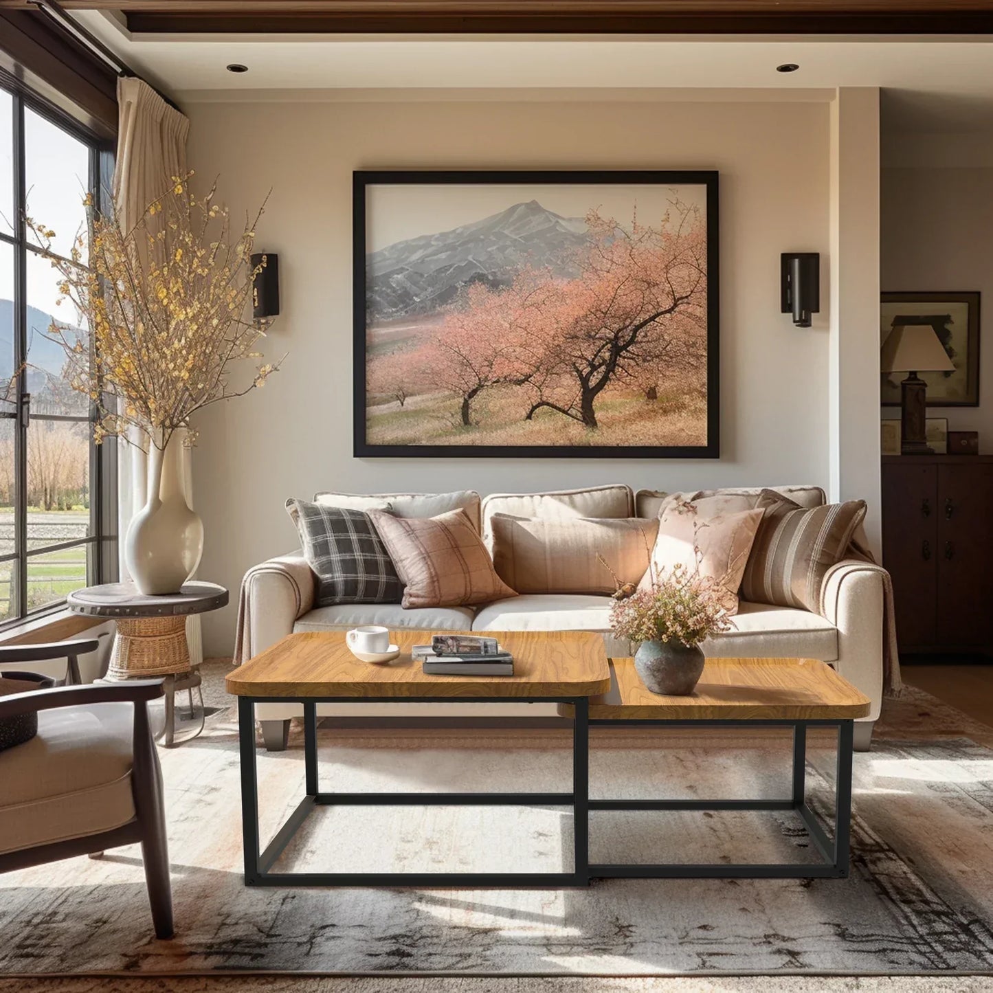 Modern Square Coffee Table with metal base and walnut wood finish, set of two in a contemporary living room setting.