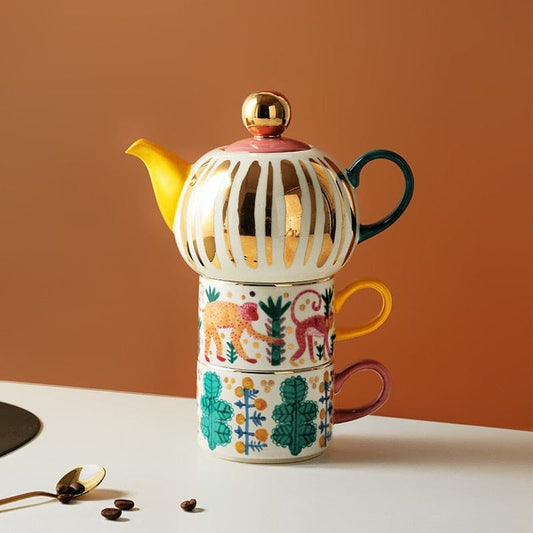 Afternoon tea aesthetic cute ceramic tea set with colorful design, ideal for tea parties and gatherings.