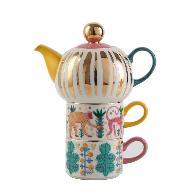 Afternoon tea aesthetic cute ceramic tea set with colorful patterns and gold accents.