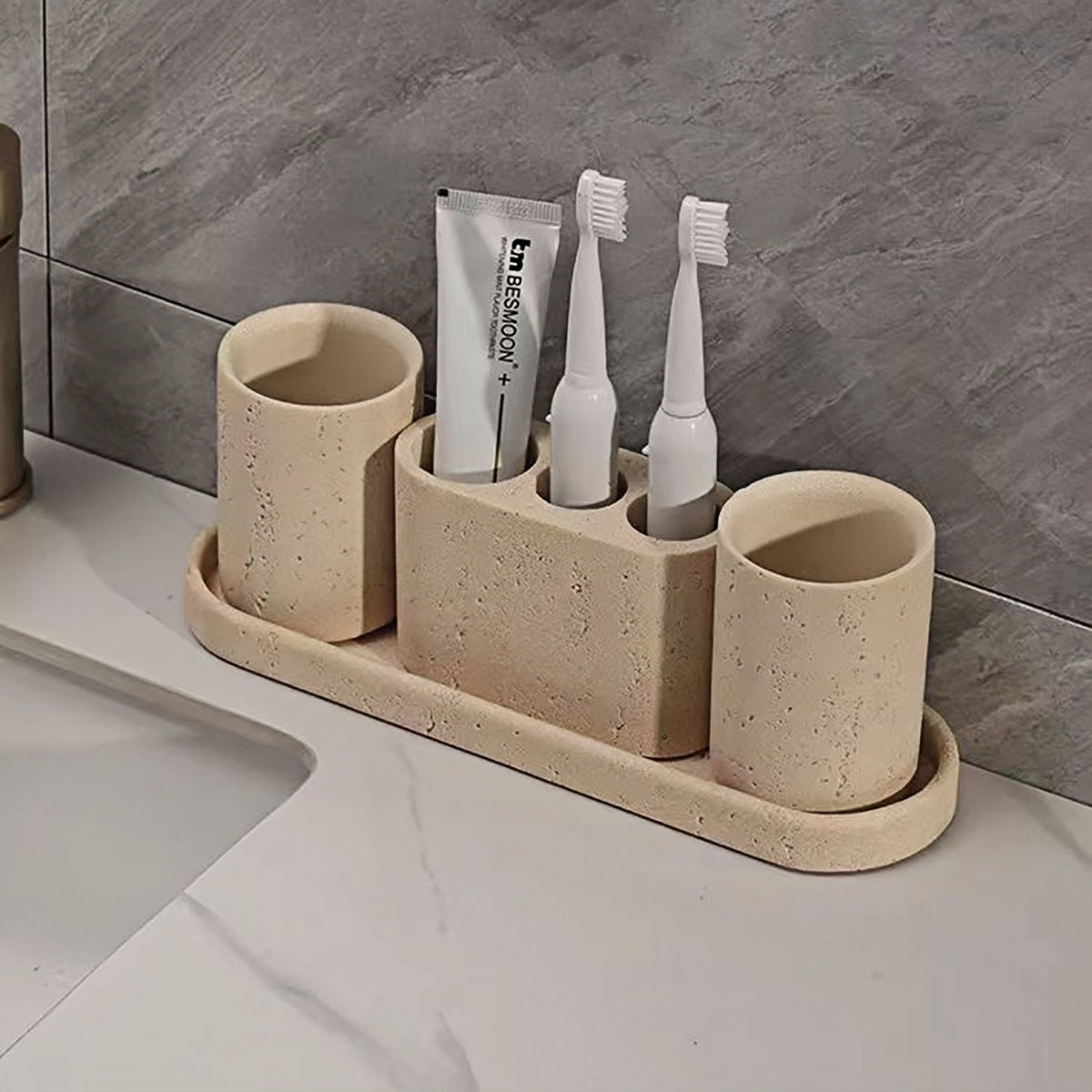 Travertine Bathroom Set – Toothbrush & Organizer