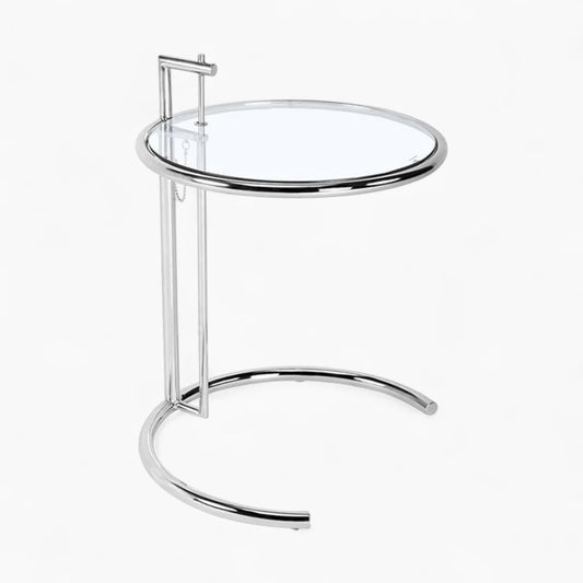 E1027 Side Table with adjustable height, clear tempered glass top, and polished chrome stainless steel frame.