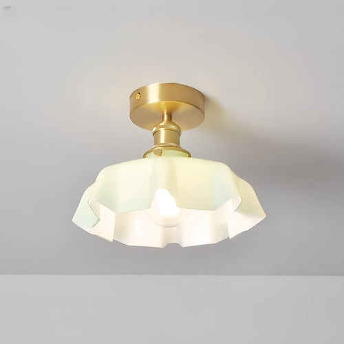 Elegant modern flush mount ceiling light with milky glass shade and copper fixture.