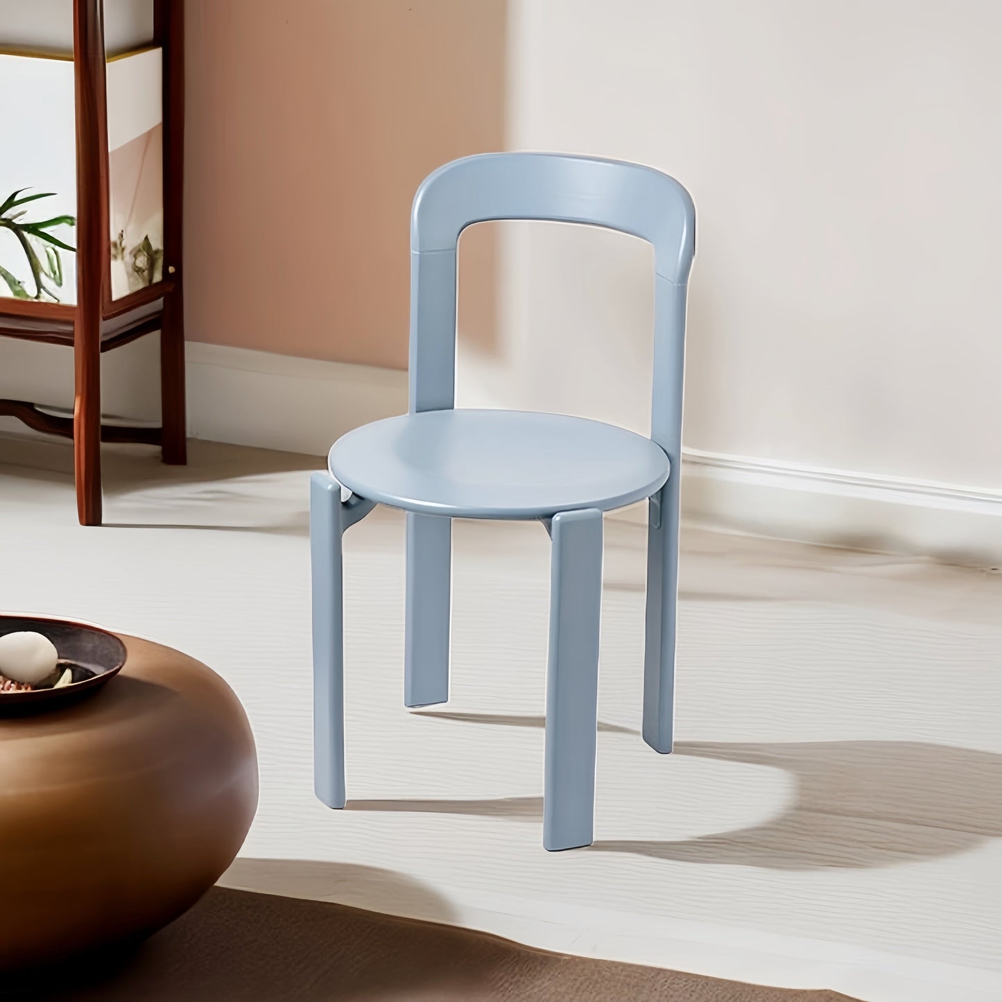 Eco-chic beech wood dining chair in grayish blue, modern design, comfortable seating, sustainable materials.