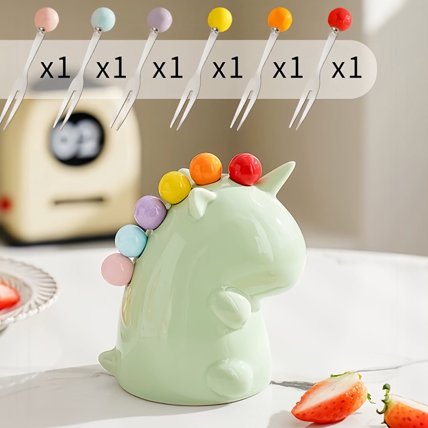 Dessert Fork - Stainless Steel Fruit Fork Set with Cute Ceramic Holder