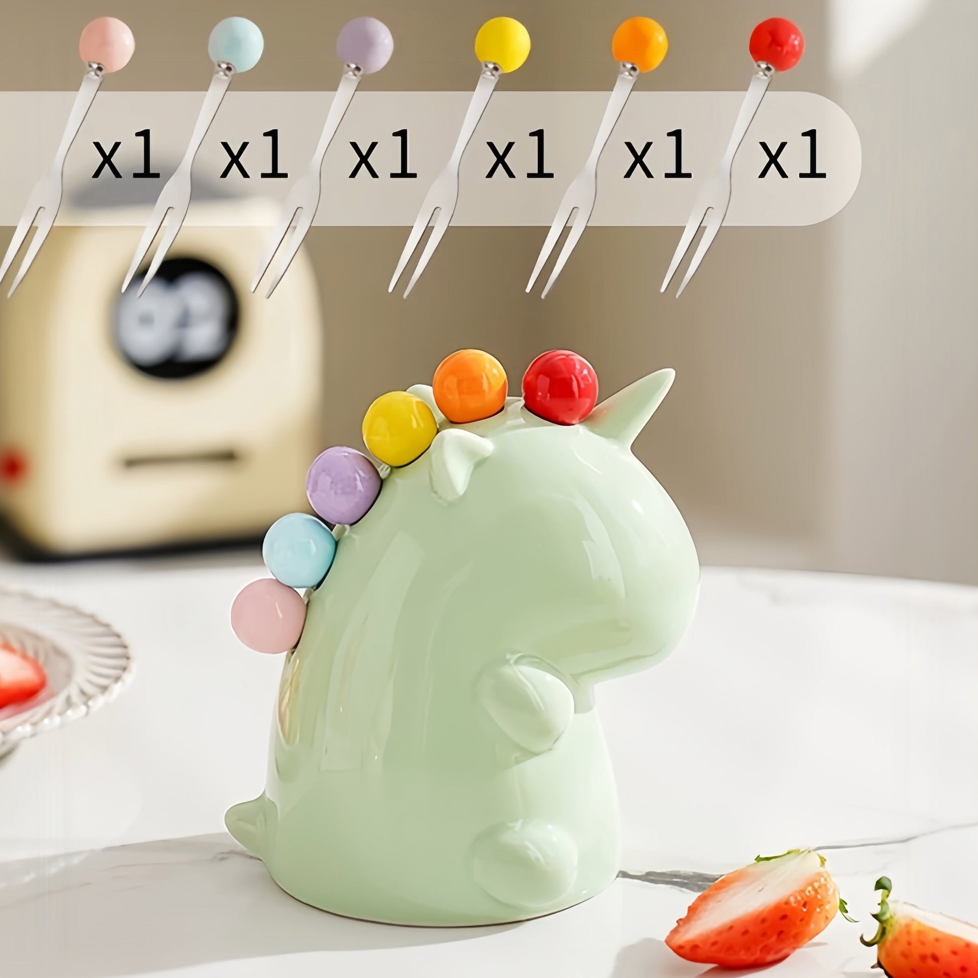 Dessert Fork - Stainless Steel Fruit Fork Set with Cute Ceramic Holder