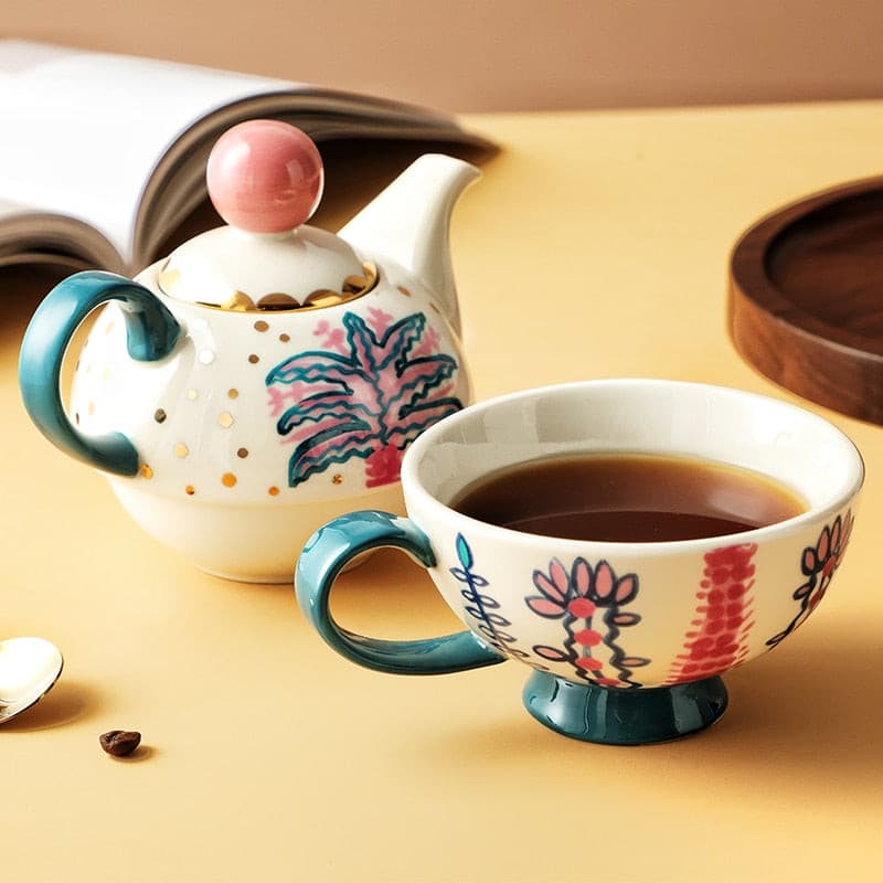 Afternoon tea aesthetic cute ceramic tea set with cup and teapot, ideal for gatherings.