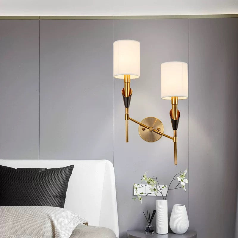 Postmodern Nordic style wall lamp with handmade cloth shade and antique gold finish for bedroom and hallway lighting