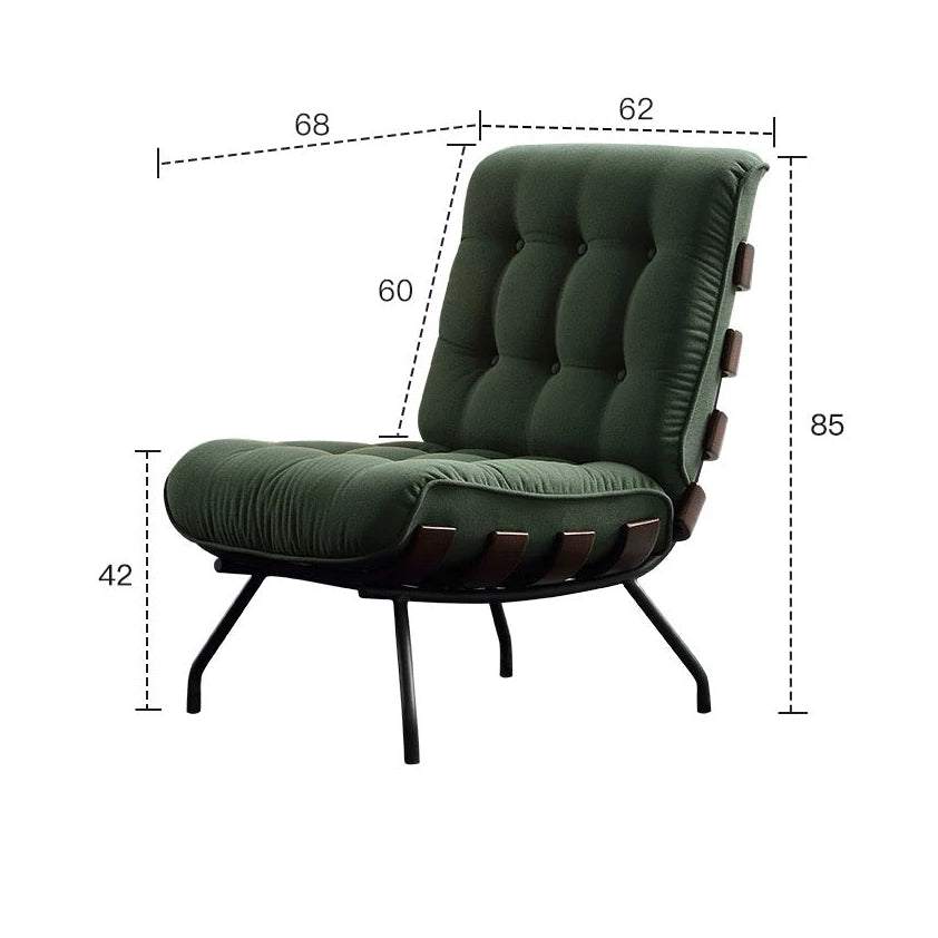 Product dimensions diagram of a dark green tufted lounge chair with black metal legs, showing measurements in centimeters with Chinese text above on a white background.
