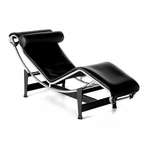 LC4 Chaise Lounge in black full leather with sleek steel frame, iconic modern design by Le Corbusier, perfect for elegance and comfort.