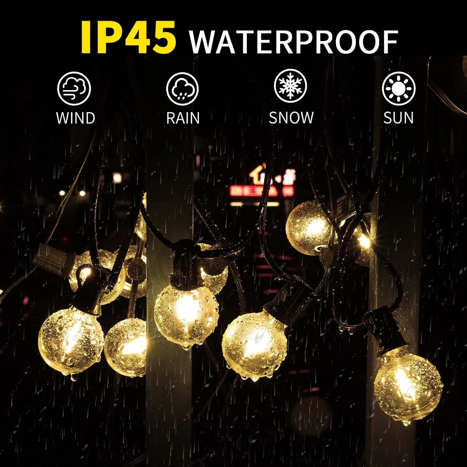 IP45 LED waterproof outdoor light string with warm white glow for festive decor.