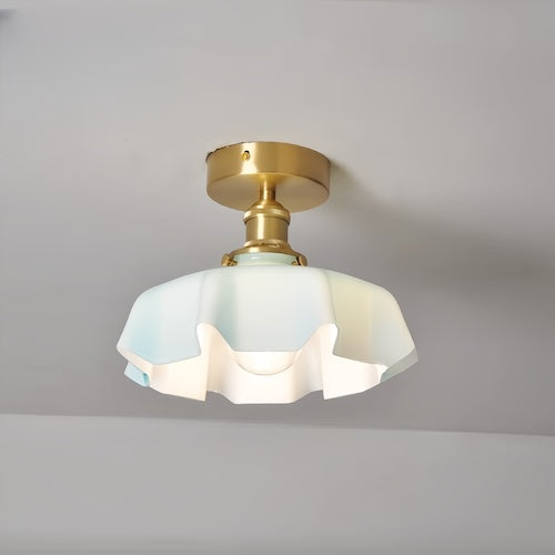 Elegant flush mount ceiling light with milky glass design and copper fixture.