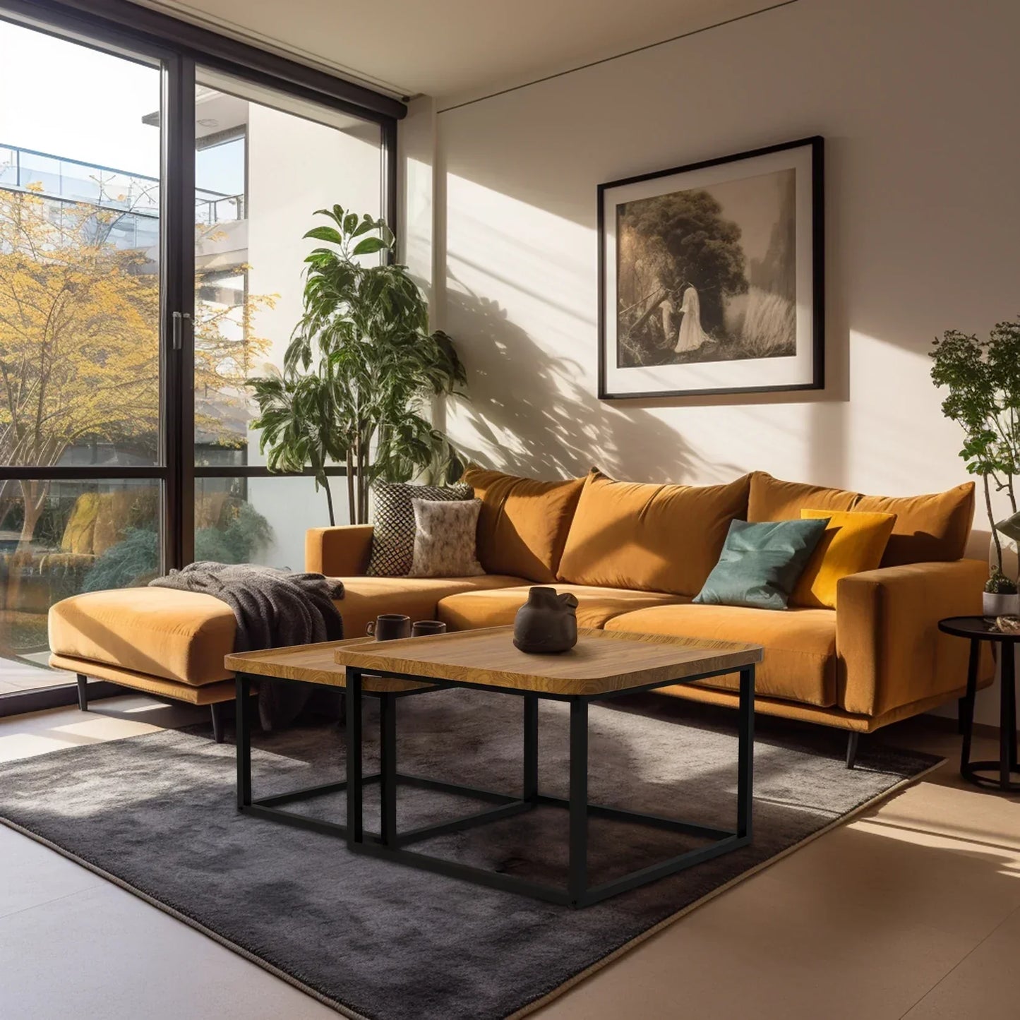 Modern square coffee table set in a stylish living room with a plush sofa and decorative items.