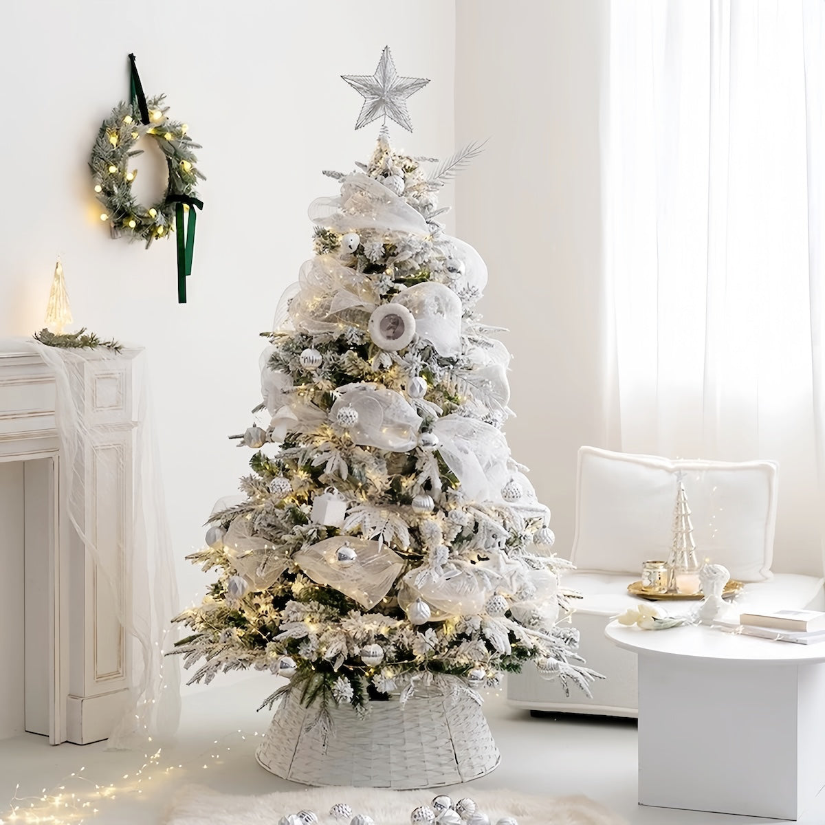 White Christmas Tree Set - Realistic Snow-Flocked PE Decoration for Holiday