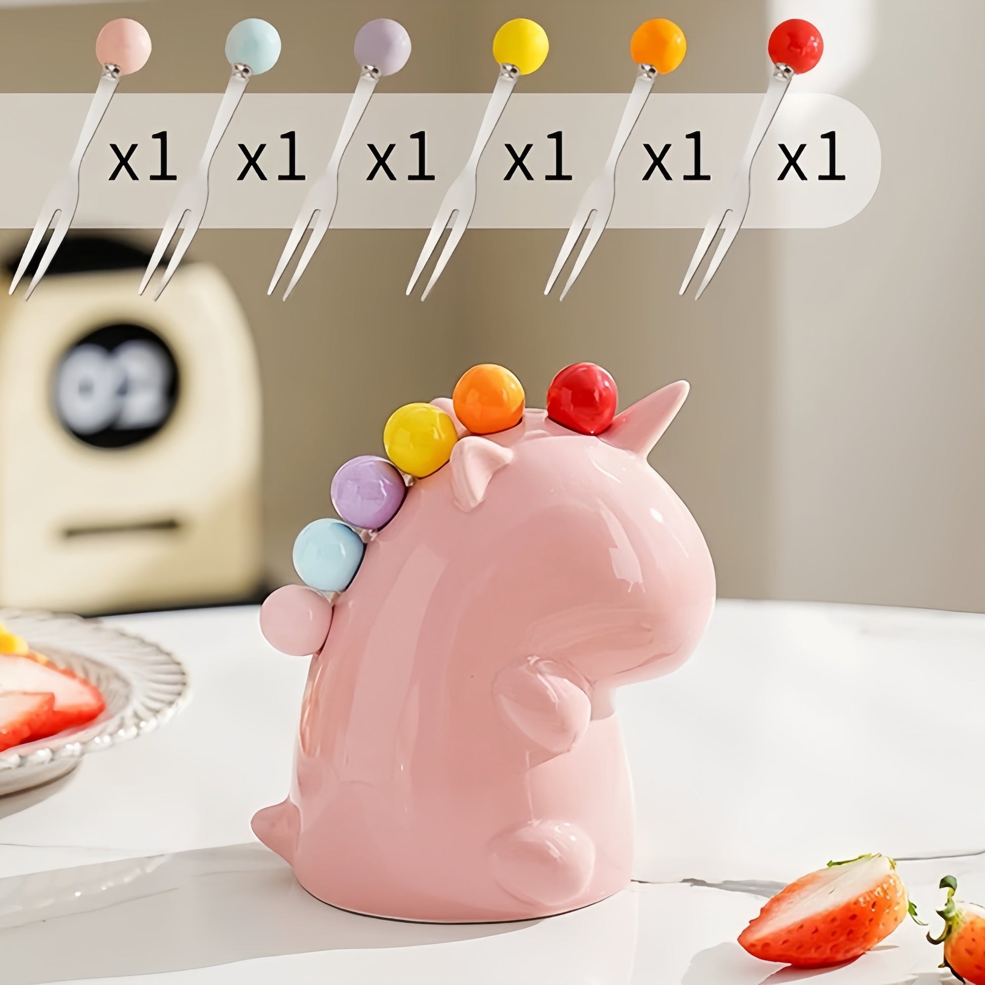 Dessert Fork - Stainless Steel Fruit Fork Set with Cute Ceramic Holder