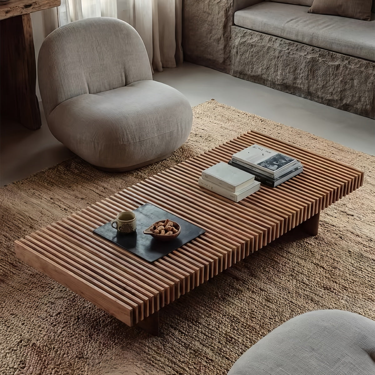 Rectangular Coffee Table - Solid Wood Wabi-Sabi Design for Living Rooms