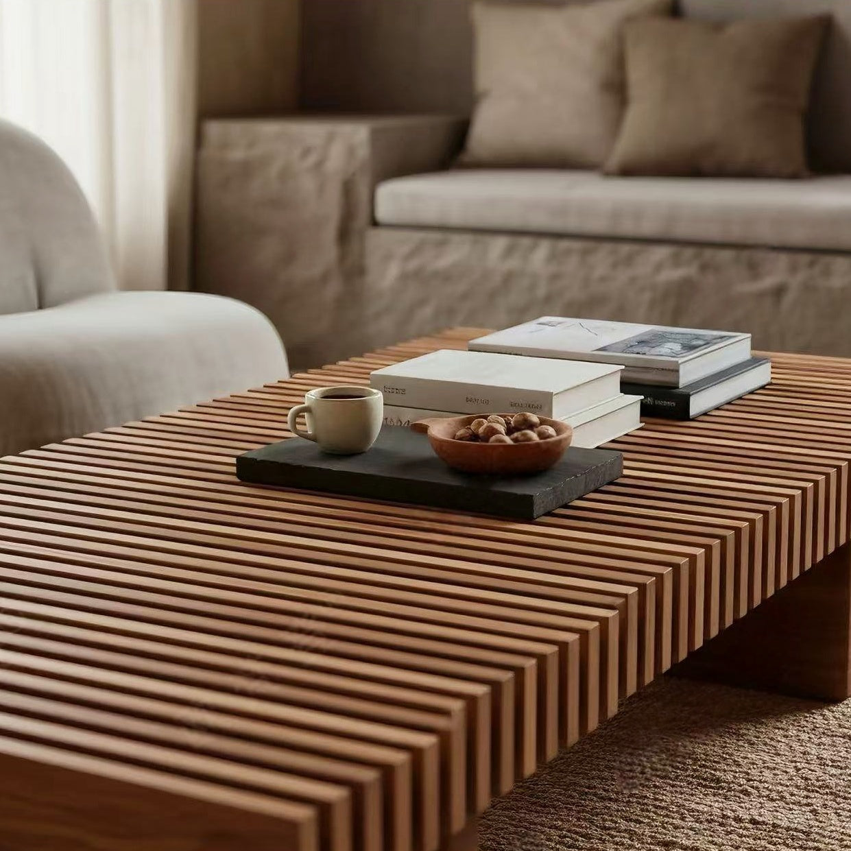 Rectangular Coffee Table - Solid Wood Wabi-Sabi Design for Living Rooms