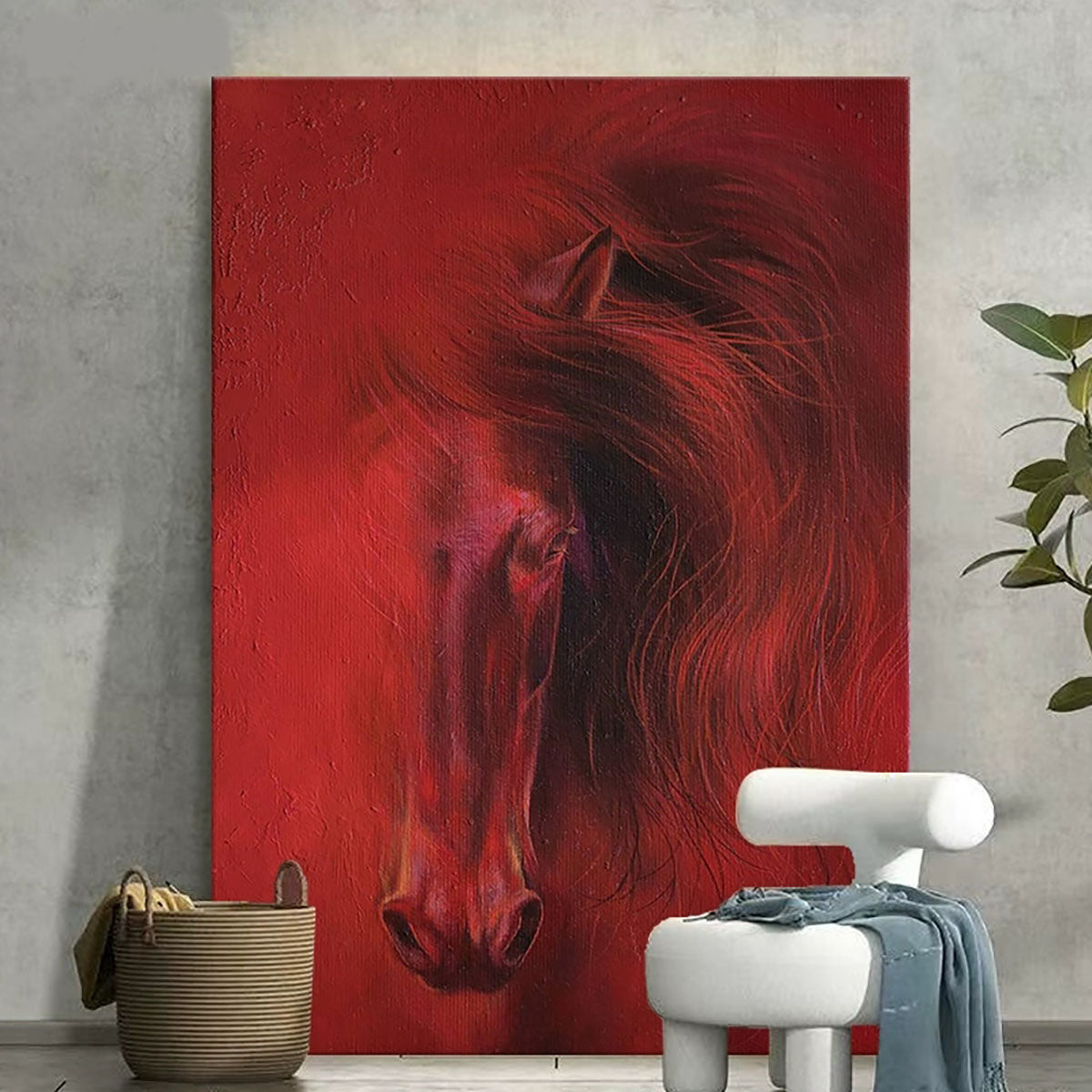 Red horse painting on a wall with a white stool and plant in the foreground.
