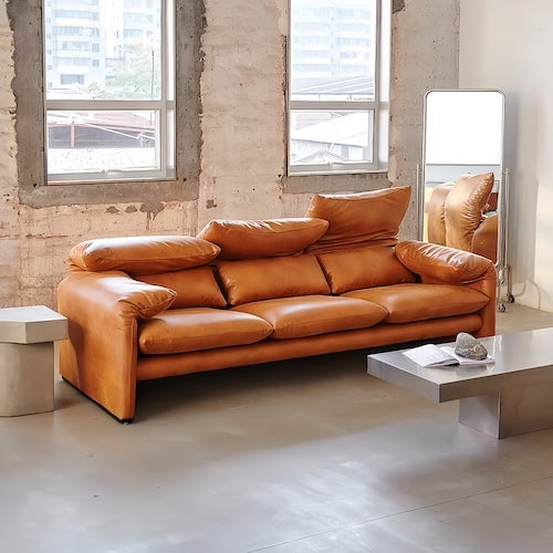 Replica 3 Seater Leather Sofa Maralunga - Brown Oil-Waxed Leather - motivodecor.com