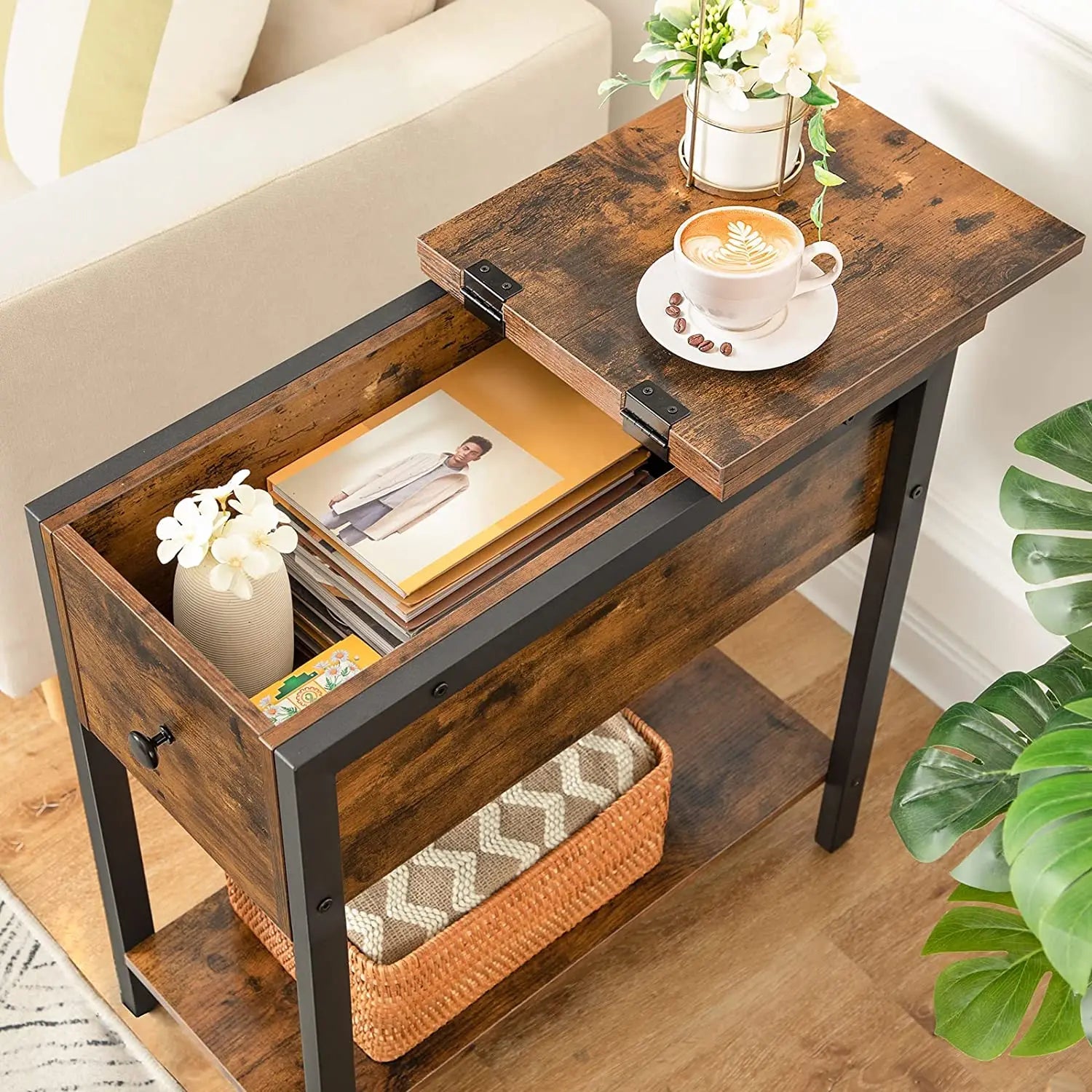 Rustic Brown Wood Small Narrow Nightstand