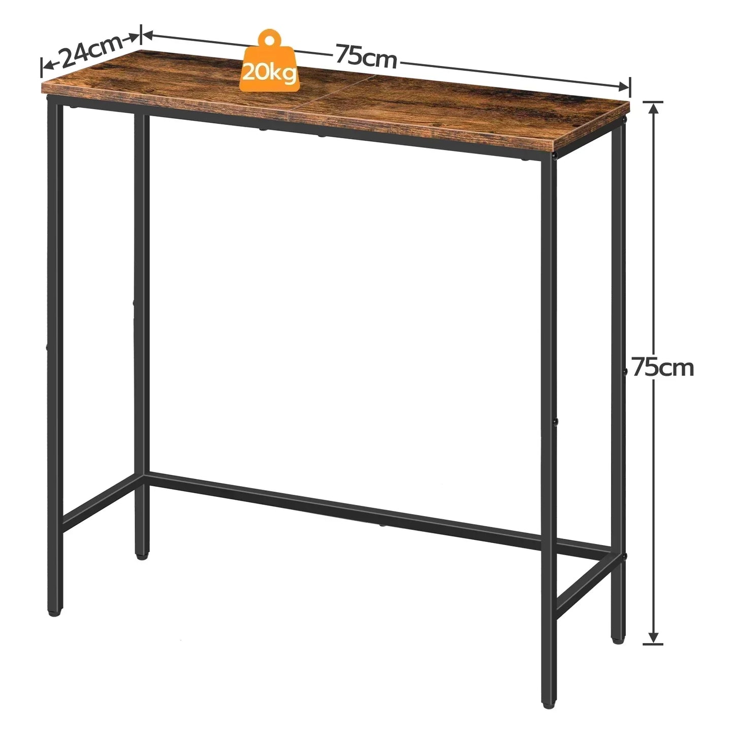 Rustic brown slim console table with metal frame, 75x24x75cm, supports 20kg, retro nostalgia style.