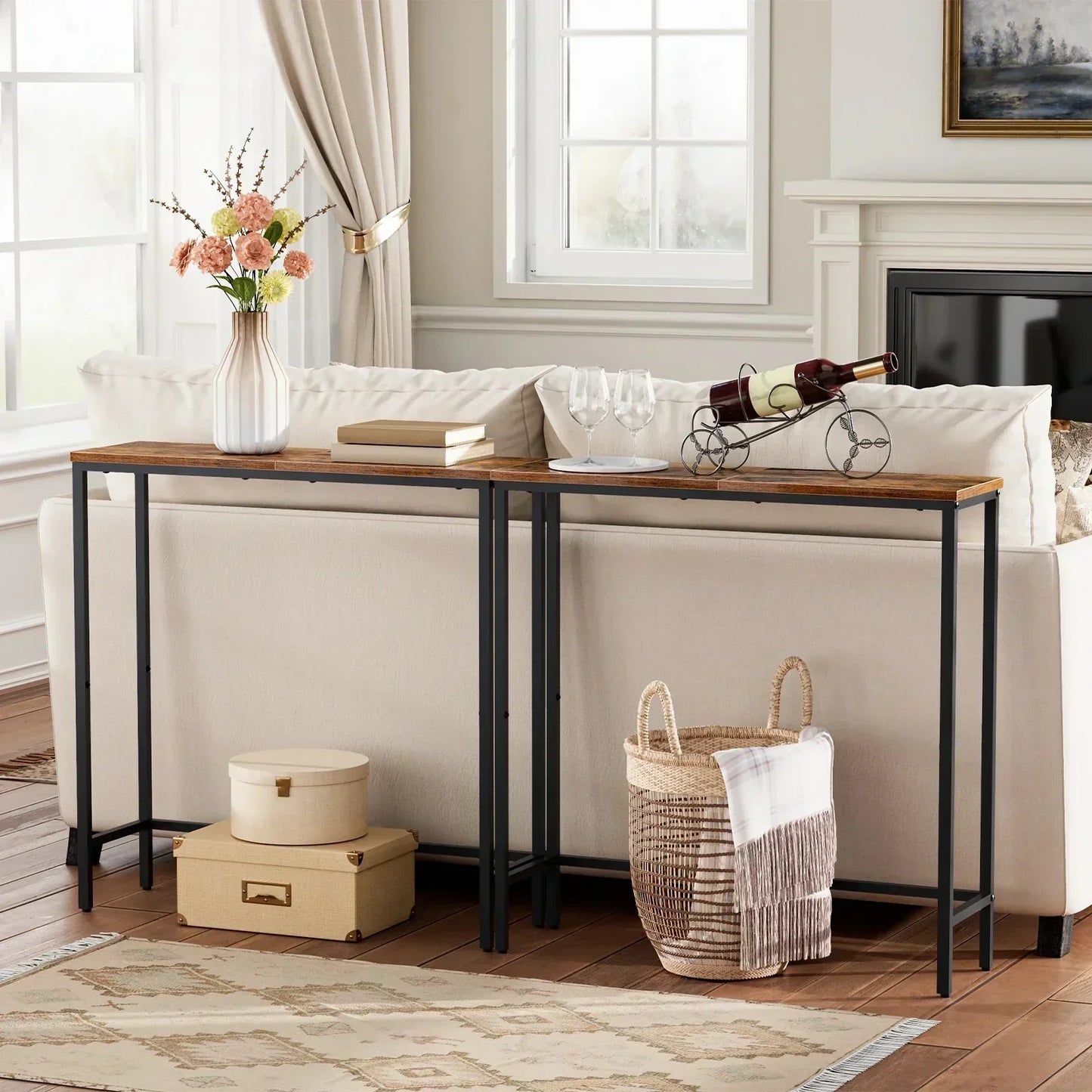 Retro nostalgia style slim console table in rustic brown chipboard and metal, placed in a cozy living room setting.