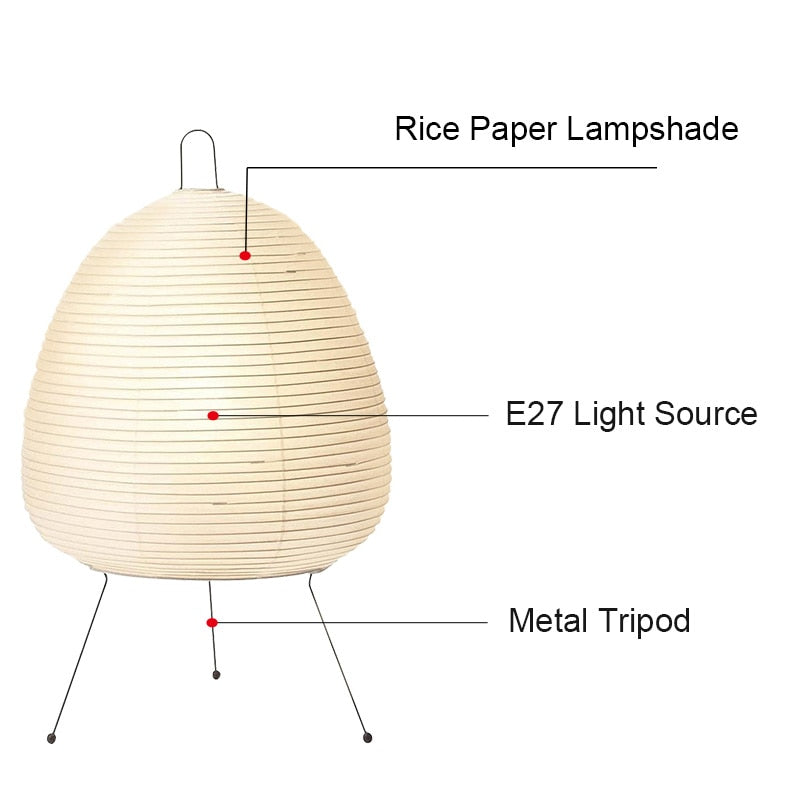 Rice Paper Lamp with metal tripod and E27 light source, traditional Japanese design.