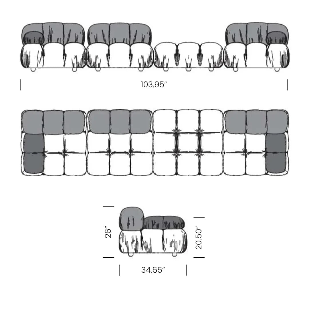 Modular sofa sectional with flexible fabric modules, customizable for living room, featuring velvet upholstery and sponge filling.