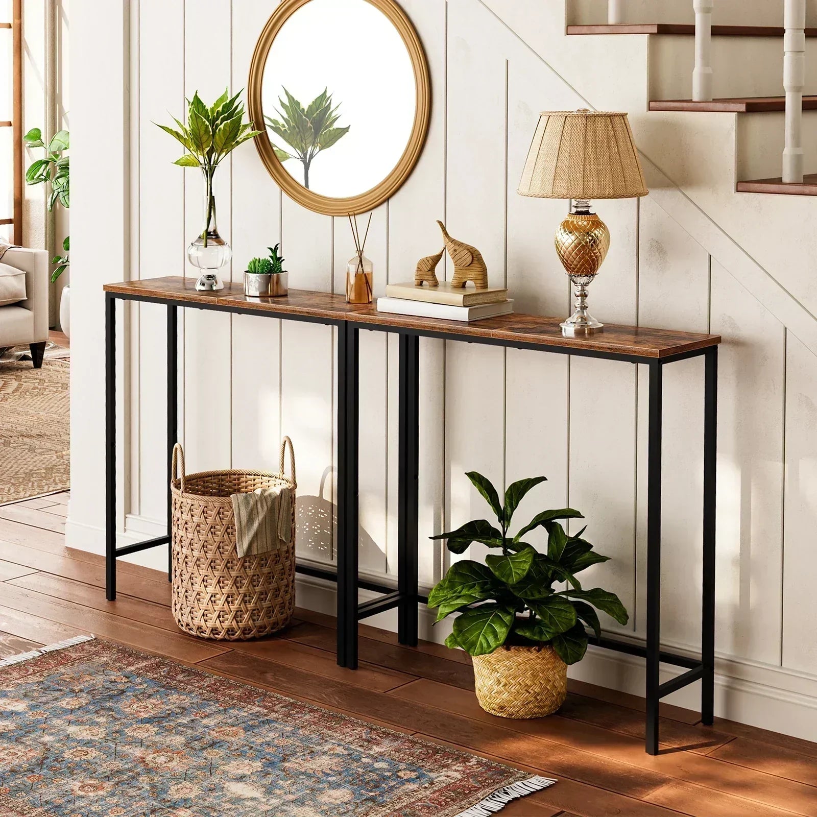 Slim console table in rustic brown with chipboard and metal, retro nostalgia style, ideal for living rooms and entryways.