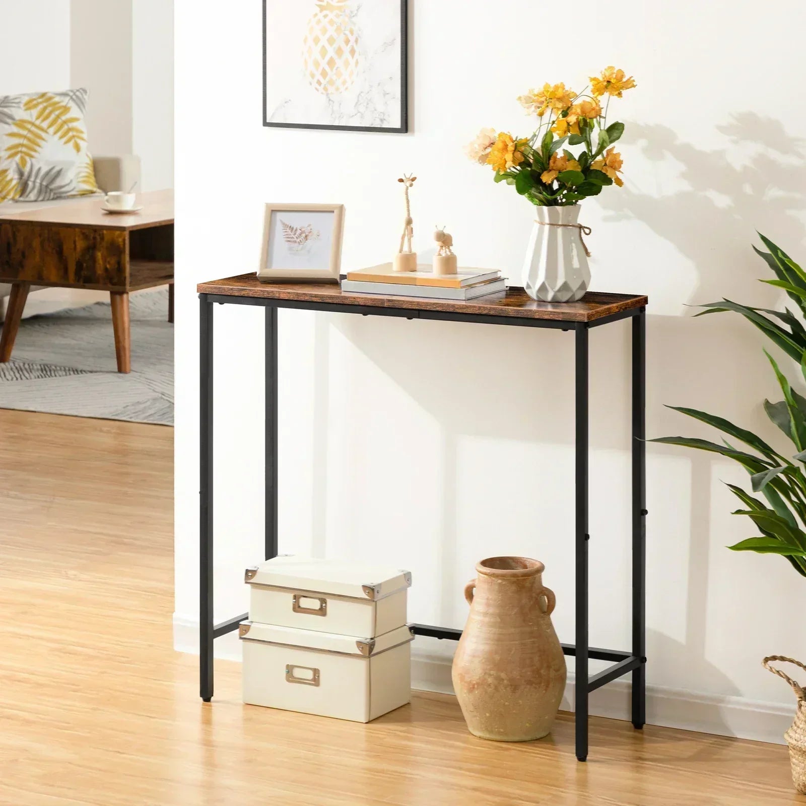 Slim console table with rustic brown finish, chipboard and metal construction, perfect for entryways and living rooms, retro nostalgia style.