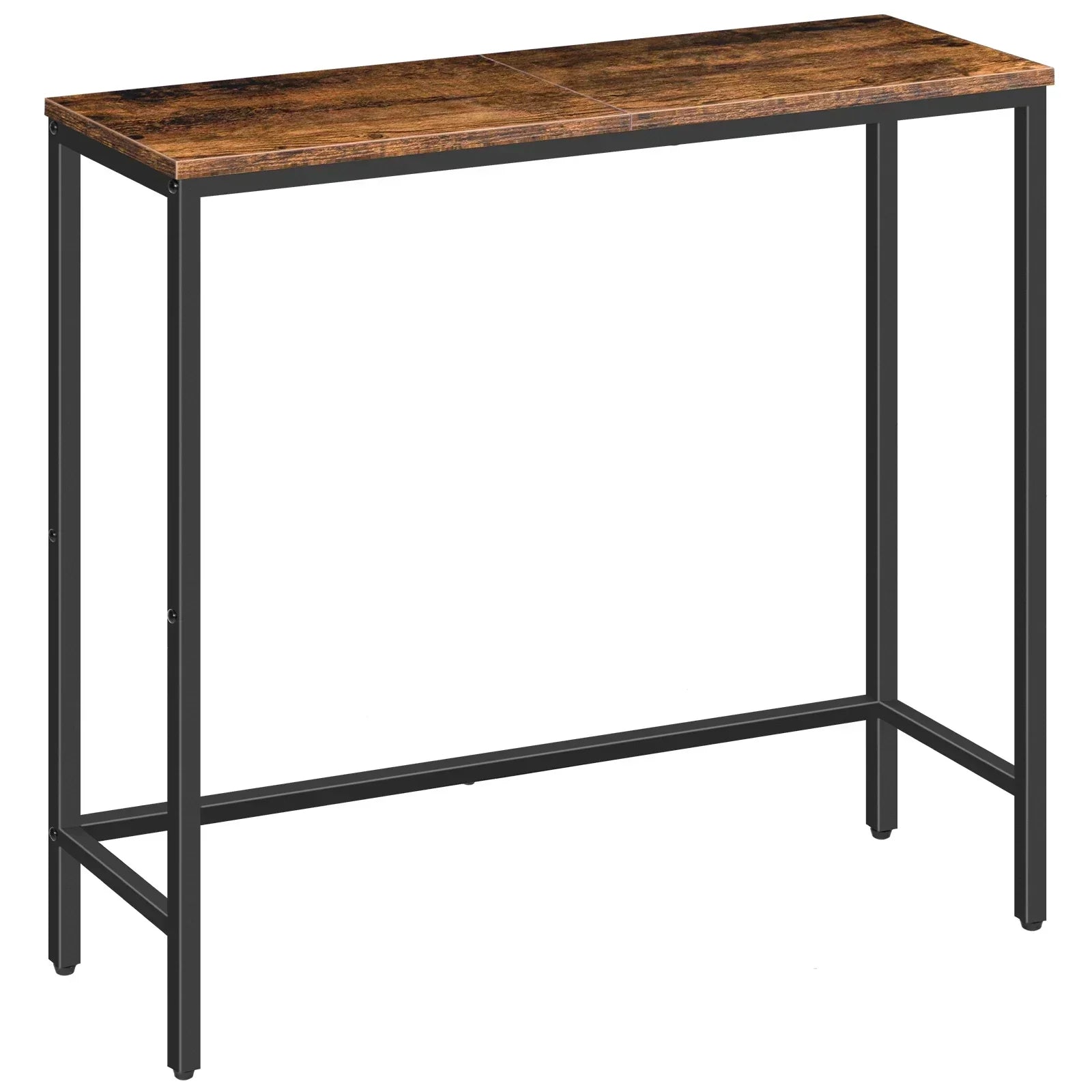 Rustic brown slim console table with metal frame and retro nostalgia style, perfect for entryways or living rooms.