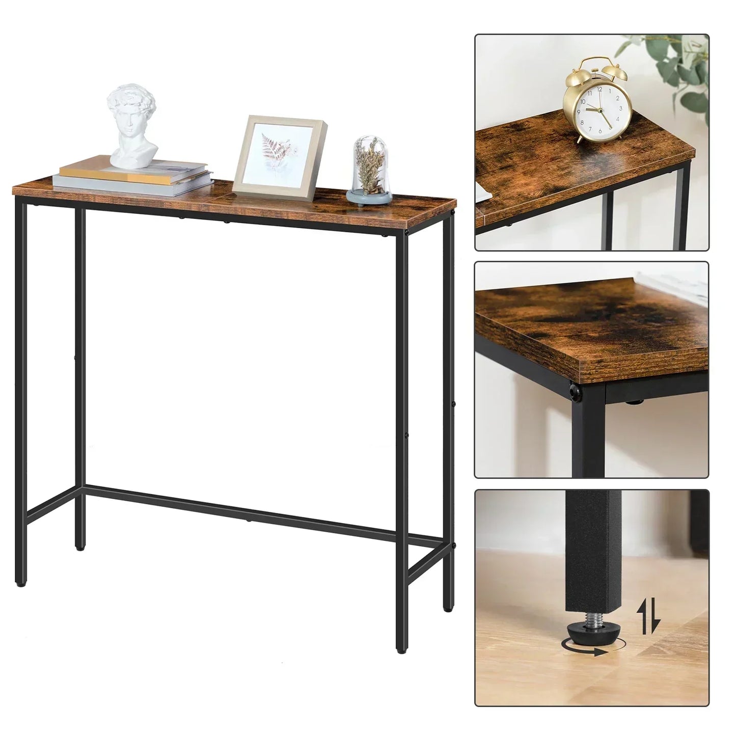 Rustic brown slim console table with metal frame, vintage retro nostalgia style.