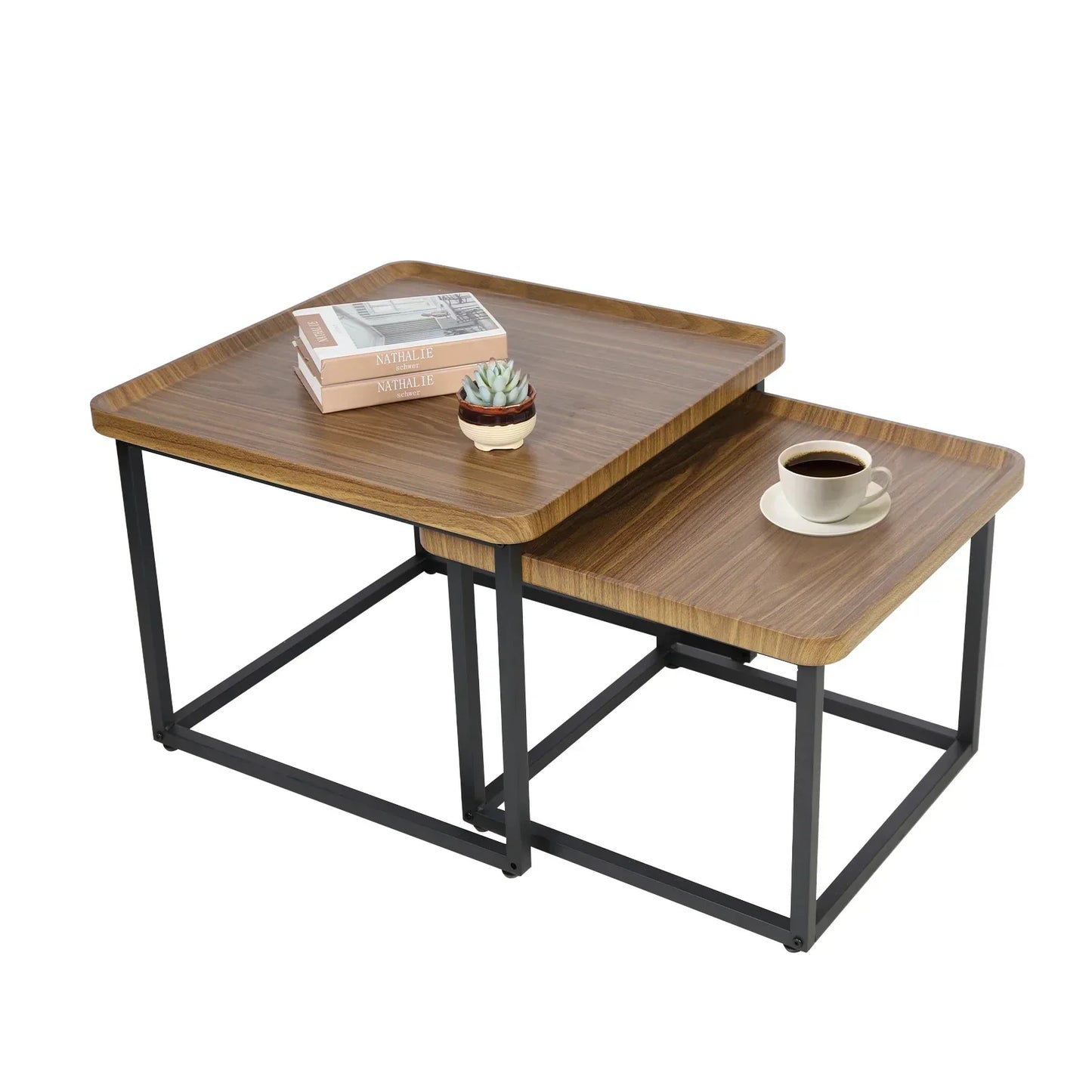 Modern square coffee table set of two with walnut wood finish and black metal base, ideal for living rooms or offices.