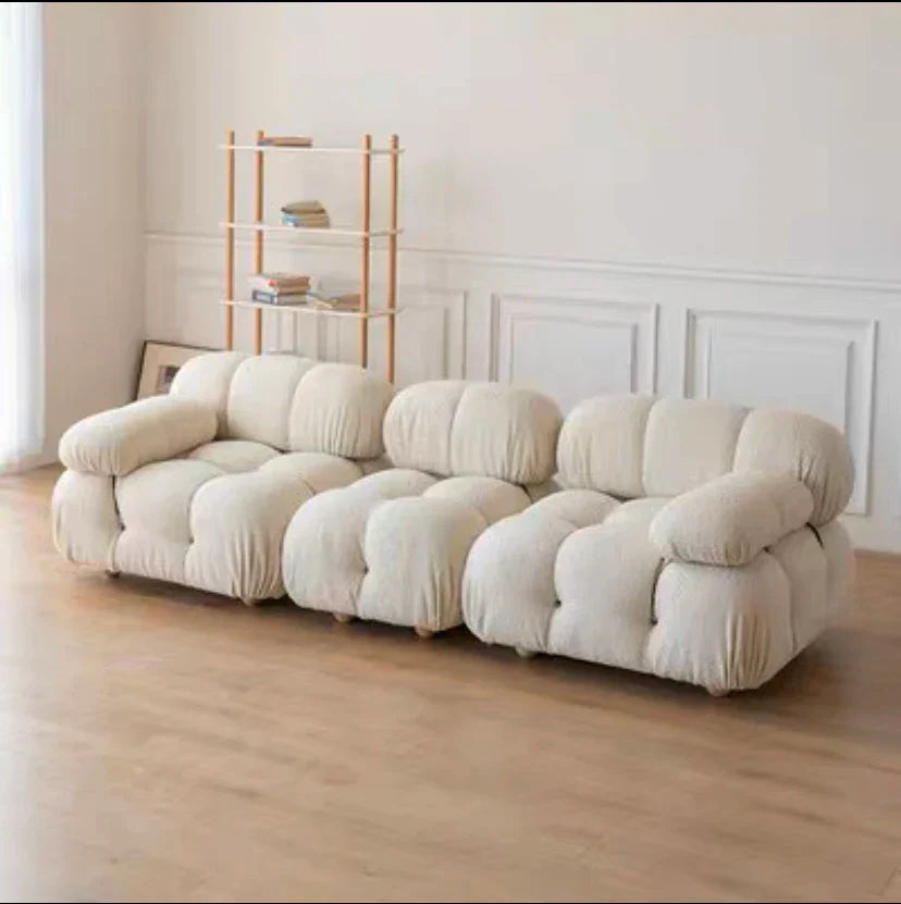 modular sofa sectional with flexible fabric modules in living room setting